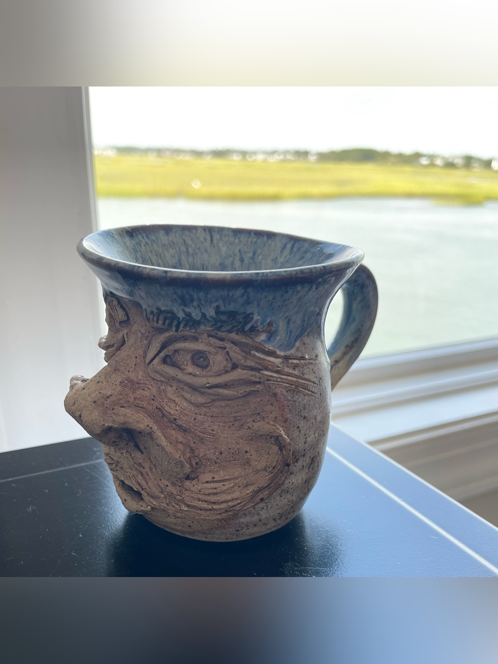 Signed Handmade Studio Pottery Ugly Face Mug Blue Drip Glaze Folk Art